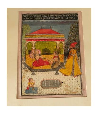P-354, This artwork appears to be a hand-painted traditional Indian miniature painting on vintage-style paper, depicting a royally decorated stallion in the classic Rajasthani or Mughal style. DM if interested or for