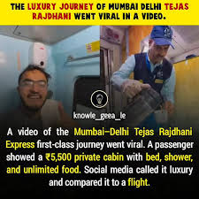 A video went viral on social media showing a man’s first-class journey on  Mumbai–Delhi Tejas Rajdhani., For ₹5,500, he enjoyed a private cabin with  fresh sheets, pillows, mirror, newspaper, and ...