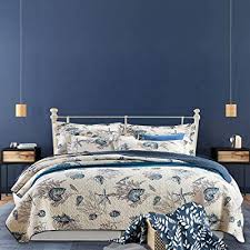 Luxury navy blue quilted velvet bedspread geometric pattern 'paragon diamond' throw. Buy Dynabit Nautical Theme Bedspread 3 Piece Reversible Queen Quilt Set Cotton Fabric All Season Coastal Beach Quilts Coverlet Set Navy Blue Quilt 2 Pillowcases Online In Indonesia B0739jsw8d