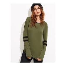 Shein Sheinside Olive Green Varsity Striped Sleeve T Shirt 13 Liked On Polyvore Featuring Tops T S Striped Long Sleeve Tee Striped Sleeve Curved Hem Top