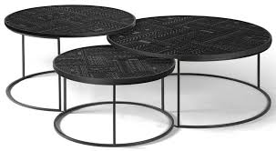 Clear/silver medium round glass coffee table set with metal rings base. Ethnicraft Teak Tabwa Round Nesting Coffee Table Set Of 3