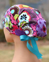 Large Surgical Scrub Cap Perfect Fit Tie Back With Ribbon Ties Flower Happy Scrub Hat Patterns Scrub Hats Scrub Caps Surgical