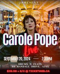 CAROLE POPE LIVE! Canadian Rock Icon Up Close & Intimate, Friday Sept 20th  at Drums N Flats (Ajax) Tickets are available now, online at ticketweb.ca  search 👀 “Carole Pope” Don't miss this