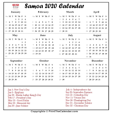 Observed dates for national public holidays and regional anniversary days. Samoa Public Holidays 2020