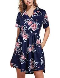 Vpicuo Women Comfy Short Sleeve Floral Print Knee Length Dresses With Pockets Short Dresses Casual Women S A Line Dresses Womens Dresses
