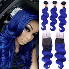 3 Bundles Two Tone Dark Root Ombre Closure Blue Weave Hair Human Hair Wefts Human Hair