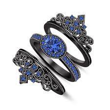 Womens Blue Sapphire 3pcs Engagement Ring Set 14k Black Gold Finish 925 Silver Bridal Ring Set Black Wedding Rings Sapphire Engagement Ring Blue