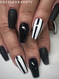 Black And White Striped Nails Coffin Beautiful Nail Art Design Consists Of Matte Black Coffin Nails Shiny Black Coffin Nails With An White And Silver Nails Black Nail Designs Silver Nail Designs