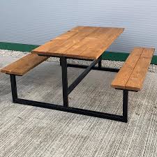 Industrial Outdoor Garden Picnic Table Bench Set Chic Bar Cafe Restaurant Furniture Steel Solid Reclaimed Wood Gt001 In 2020 Table And Bench Set Picnic Table Picnic Table Bench