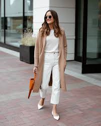 All White Outfit With Camel Cardigan Girl Meets Gold
