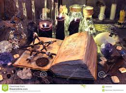 Open Book With Black Magic Spells Pentagram Ritual Objects And Candles On Witch Table Stock Image Image Of An Witch Candles Black Magic Spells Magic Spells