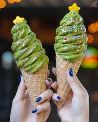 Matcha Tree Soft Serve Ice Cream Cones With Peppermint Candy Cane Bits Topped With A Yellow Soft Serve Ice Cream Summer Ice Cream Photography Yummy Ice Cream