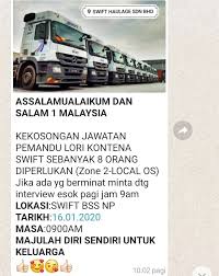 Pada 8 april lalu, seorang pemandu lori menang kes di mahkamah majistret kampar, selepas beliau disaman oleh majikannya sendiri berkaitan. Jawatan Kosong Pemandu Lori Bas Terkini Facebook