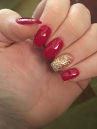 Classy Cranberry Red Square Coffin Shaped Acrylic Nails With Gold Accent Nail Gold Accent Nail Gold Nails Fancy Nails