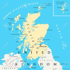 Vi apprestate a viaggiare in scozia ? Vettoriale La Mappa Politica Scozia Con Capitale Edimburgo I Confini E Citta Nazionali Scozia Fa Parte Del Regno Unito E Copre Il Terzo Settentrionale Dell Isola Di Gran Bretagna Etichettatura Inglese Image