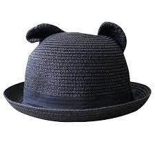 Women S Cute Cat Ear Round Top Bowler Straw Sun Uv Summer Beach Roll Up Hat Cap Black Ch12fk8aicr Hats Cat Ears Bowler