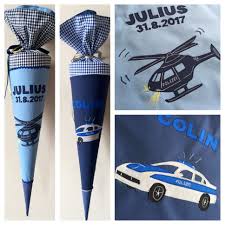 Schultute Aus Stoff Polizei Polizeiauto Und Polizeihubschrauber Blautone Schultute Polizei Schultute Basteln Anleitung Schultute Basteln