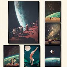 Night Sky Art Prints Earth Canvas Posters Surrealism Galaxy Space Moon Canvas Painting Swiming Cosmic Wall Pictures Sci Fi Decor Painting Calligraphy Aliexpress