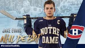 Jake evans (born june 2, 1996) is a canadian professional ice hockey player currently playing with the montreal canadiens in the national hockey league (nhl). Evans Makes Nhl Debut For Montreal Notre Dame Fighting Irish Official Athletics Website