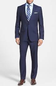 Strengthen your confidence when you show up to an interview or meeting in this sharp navy blue suit. Boss Huge Genius Trim Fit Navy Wool Suit Nordstrom Blue Suit Brown Shoes Well Dressed Men Mens Fashion Suits