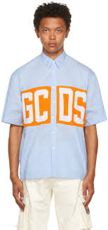 Search for men's clothing men's shirts with us. Gcds Blue Knit Logo Short Sleeve Shirt Ssense