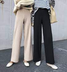 Korean Elastic High Waist Wide Leg Pants Women Casual Loose Knitted Pants Autumn Winter Solid Trousers Loose Pants Outfit Knit Pants Outfit Wide Pants Outfit