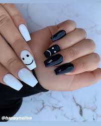 Happy Nails Leesburg On Instagram Emojis Face Of Black And White Nails Do Black Acrylic Nail Designs Acrylic Nails Coffin Short Short Acrylic Nails Designs
