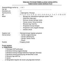 Model sentra semester/minggu tema/sub tema kelompok alokasi waktu 1/1 diriku/identitasku pg 180 menit. Rpph Paud 4 5 Tahun Semester 1 Lengkap Semua Tema Dan Lagunya Administrasi Paud
