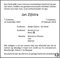 Zijlstra was als evangelist verbonden aan de levensstroom gemeente te leiderdorp, waar hij in 1992 oprichter en tot in maart 2010 tevens . Jan Zijlstra 27 02 2019 Overlijdensbericht En Condoleances Mensenlinq Nl