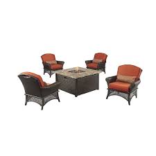 This fire table will bring the ambiance of an outdoor fire to your backyard, garden, patio or pool areas. Hampton Bay Rosemarket 5 Piece Patio Chat Set With Fire Pit The Home Depot Canada