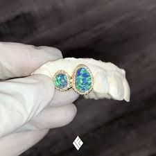 For Smiling Only Thundercatmusic Custom 14k Yellow Gold Blue Opal Double Cap Grill W Vs Diamond Border Th Teeth Jewelry Grillz Jewelry Stores