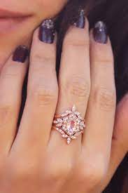Flower Oval Morganite Diamond Rings Set Vintage Morganite Bridal Trio Ring Set Diamond Leaves Crown Ring Rose Gold Engagement Ring Lily Diamond Rings Design Morganite Diamond Ring Diamond Engagement Ring