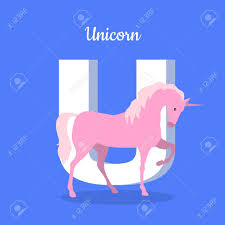 Animals Alphabet Letter U Pink Unicorn Stands Near Letter