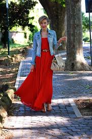 Belted Red Maxi Dress Denim Jacket Red Maxi Dress Outfit Maxi Outfits Red Dress Maxi