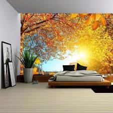 Extraordinary Autumn Bedroom Interior Decoration With Mural Autumn Wallpaper Bedroom Interior Modern Bedroom Design Wallpaper Decor