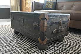 Starting with top of trunk attach mitered 1 x 4 boards to each side of trunk, making sure top is flush with top of trunk and mitered corners match up. Vintage Trunk Turned Coffee Table Decor And The Dog Coffee Table Vintage Coffee Table Trunk Vintage Trunks