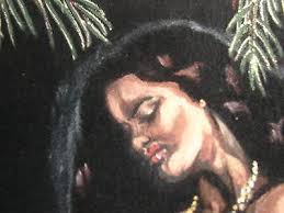 HAWAIIAN TIKI HULA WOMAN RATTAN FRAME BLACK VELVET PAINTING SIGNED BY ANNE  RIDER