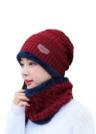 Unisex Winter Knitted Cap Warm Beanie Hat With Neck Gaiter Women Wine Red Cr186da6hti Wool Scarf Women Knitted Hats Hat And Scarf Sets