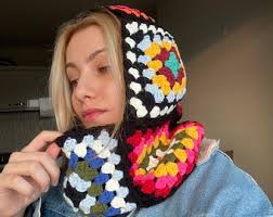 Crochet Balaclava, Granny Square Balaclava,handmade Colorful Balaclava,  Granny Square Hat, Winter Hat, Black Granny Square Balaclava
