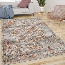 Teppich braun beige grau 160 x 230 cm leder soke. Teppich Wohnzimmer Kurzflor Vintage Pastell Orient Muster Mit Bordure Grau Braun Kaufen Bei Diva Teppich Center