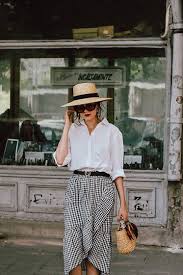 Black And White Gingham Midi Skirt Andreea Birsan Ruffled Gingham Midi Skirt Double G Buckle Belt Mini Straw Bag Scarf White Button Down Shirt Chic Summer Outfits Fashion Outfits With Hats