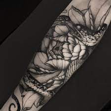 Blackwork Flowers And Snake Tattoo Design By Planoc Tattoos Snake Tattoo Design Half Sleeve Tattoo