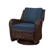 Hampton Bay Cambridge Brown Wicker Swivel Outdoor Rocking Chair With Blue Cushions Swivel Rocking Chair Blue Cushions Outdoor Wicker Rocking Chairs