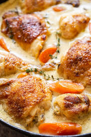 Chicken Casserole With Carrots And Thyme In Creamy Sauce Chicken Fricassee Chicken Thigh Recipes Recipes