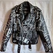 Biker Jacket Faux Leather Leather Look Biker Jacket In Black Jacket Text Painted Leather Biker Jacket Punk Leather Jacket Text Print In 2020 Custom Leather Jackets Painted Leather Jacket Painted Jacket