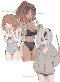 migishita, dongbaek (project moon), ran (project moon), shrenne (project  moon), limbus company, project moon, absurdres, commentary, highres,  3girls, bandage over one eye, bandages, bikini, blue eyes, blush, bottle,  brown hair, character name,