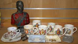 An Alma Ware teacup and saucer and two matching square tea plates  commemorating the Coronation of Ed