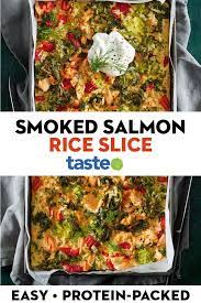 Broccoli Salmon And Rice Tray Bake Slice Salmon And Rice Easy Salmon Recipes Smoked Salmon Recipes