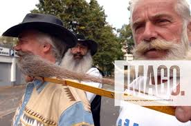 August Schmid (re.) und Albert Schmid (hinten, beide SUI) messen den Bart  von Bartweltmeister Jürg