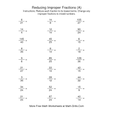 Fractions Worksheet Reducing Improper Fractions To Lowest Terms A Improper Fractions Lowest Terms Fractions